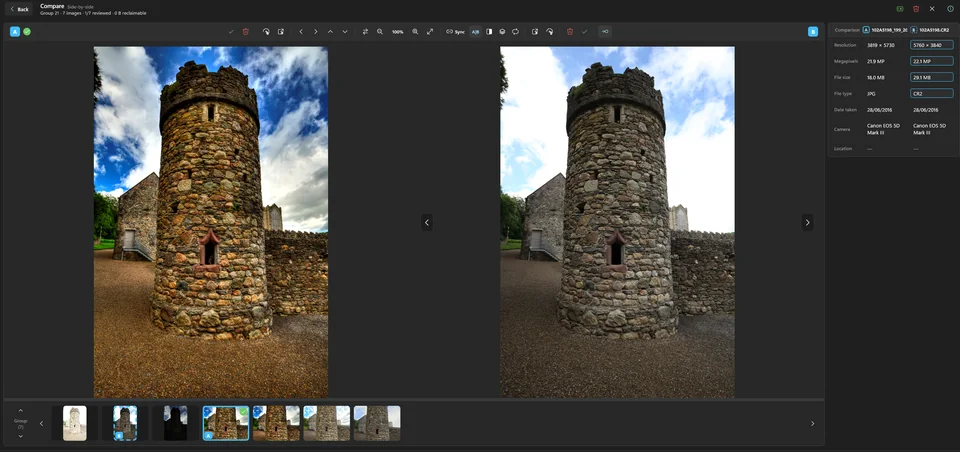The compare view: a tone-mapped JPEG beside the raw CR2 it came from, with a
                    panel comparing resolution, megapixels, file size, type, date and camera.