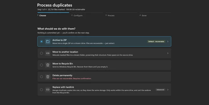 Step 1 of 4 of Process duplicates: five actions, with Archive to ZIP selected
                    and badged Default, recoverable, and Delete permanently marked not recoverable.